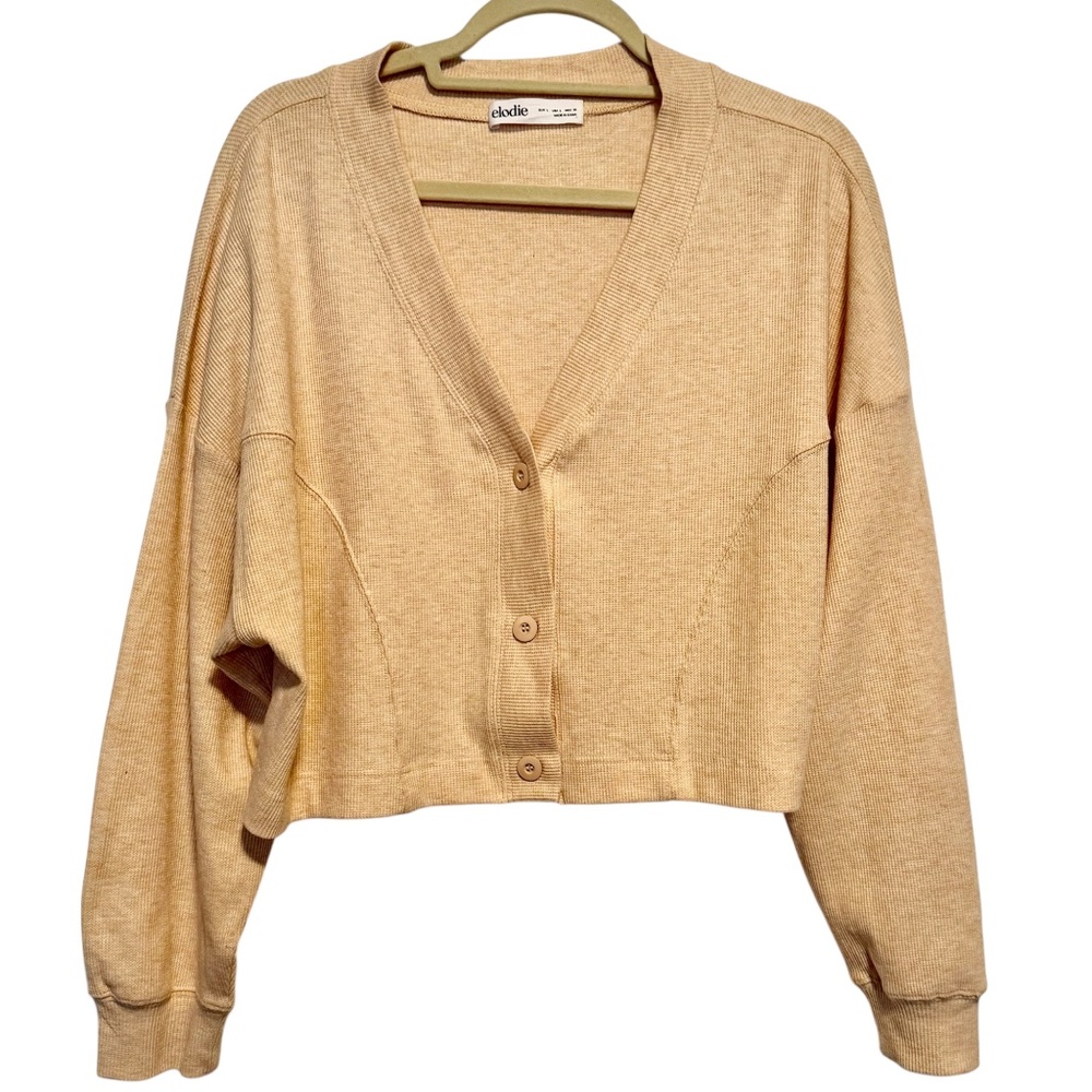 Elodie Beige Ribbed Cropped Cardigan Top Size Large